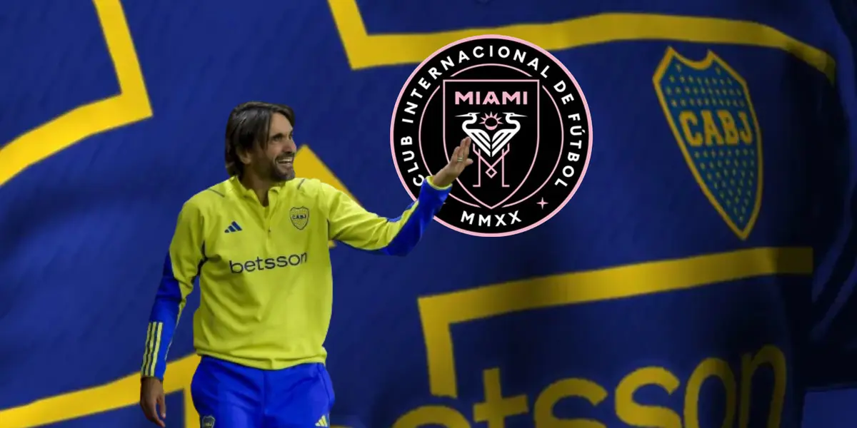 Diego Martínez dando indicaciones en Boca, y a su lado el escudo del Inter Miami.