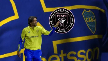 Diego Martínez dando indicaciones en Boca, y a su lado el escudo del Inter Miami.