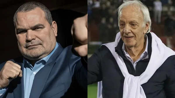 Chilavert de traje y simulando estar en guardia. A su lado, Menotti sonriendo.