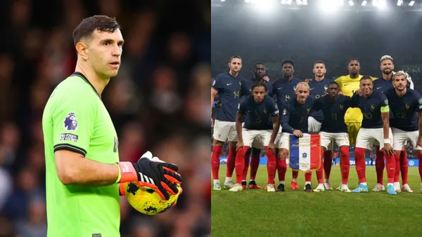 Emiliano Martínez con una pelota y la selección de Francia formada para la foto