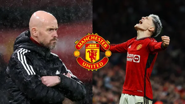 Erik Ten Hag bajo la lluvia y Alejandro Garnacho festejando con Manchester United