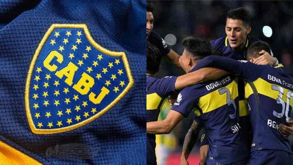 Escudo de Boca del 2017 junto a parte del plantel de ese entonces.