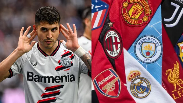 Exequiel Palacios haciendo el Topo Gigio tras anotar un gol con Bayer Leverkusen.