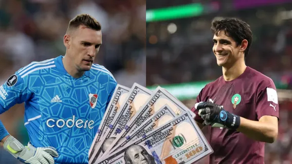 Franco Armani con los brazos en jarra, y a su lado Yassine Bounou sonríe.