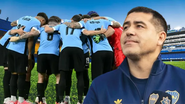 Jugadores de Uruguay y Juan Román Riquelme (Foto tomada de: Wikipedia/Boca Juniors/Uruguay)