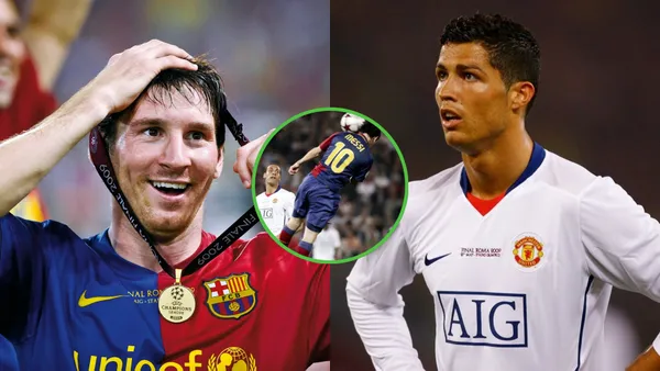 Lionel Messi se coloca la medalla de campeón. A su lado, Cristiano se lamenta haber perdido (2009).