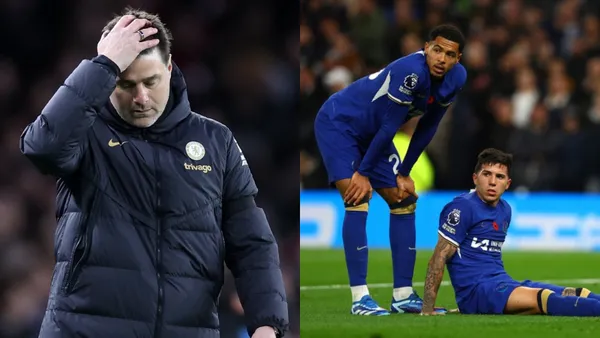 Mauricio Pochettino se toma la cabeza y Enzo Fernández tendido con la camiseta del Chelsea
