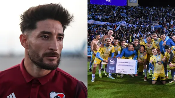 Milton Casco con la chomba de River, y a su lado el plantel de Temperley tras ganar el cruce.