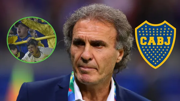 Oscar Ruggeri con mirada seria, rodeado por hinchas de Boca y su escudo.