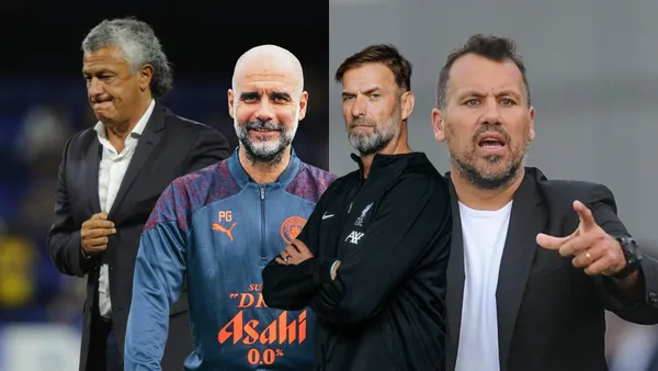 Pep Guardiola y Jürgen Klopp con sus respectivos buzos de Manchester City y Liverpool
