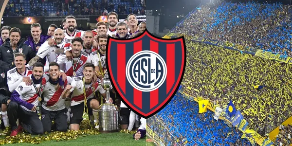 River campeón, hinchada de Boca y escudo de San Lorenzo.