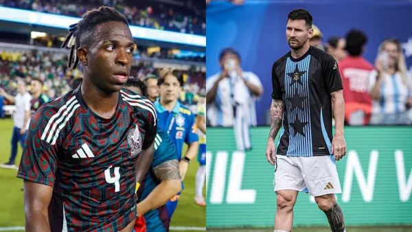 Vinicius jr con la camiseta de México, y a su lado Lionel Messi.