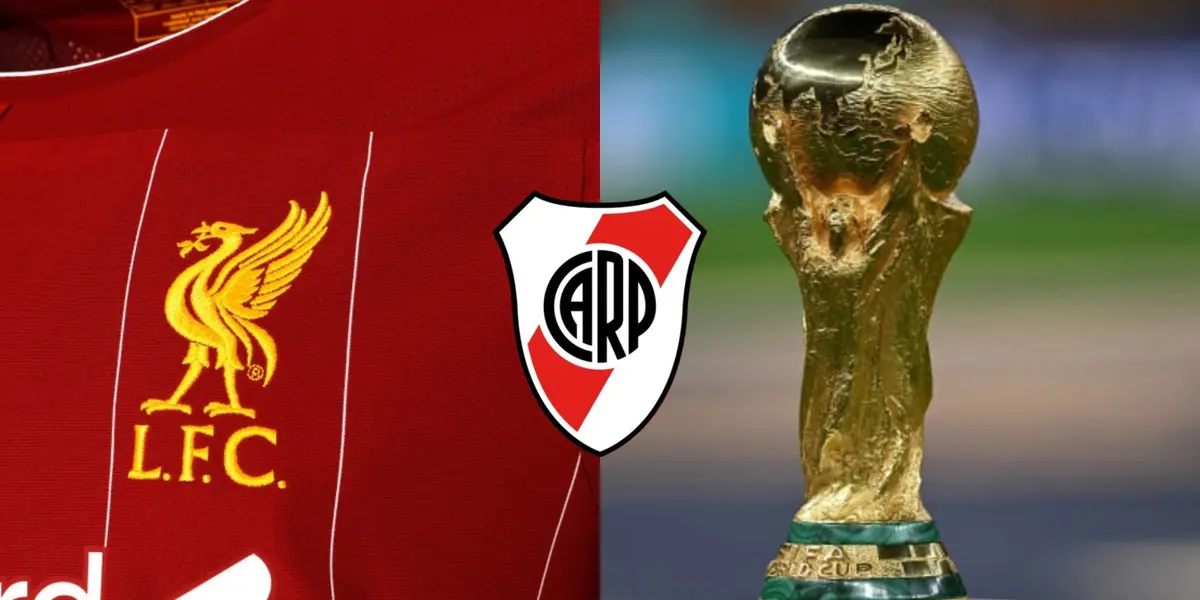 A la izquierda la camiseta del Liverpool; y a la derecha el trofeo de la Copa del Mundo.