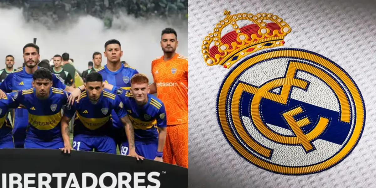 De un lado Medinay Fernández forman parte de la foto grupal, del otro el escudo de Real Madrid.