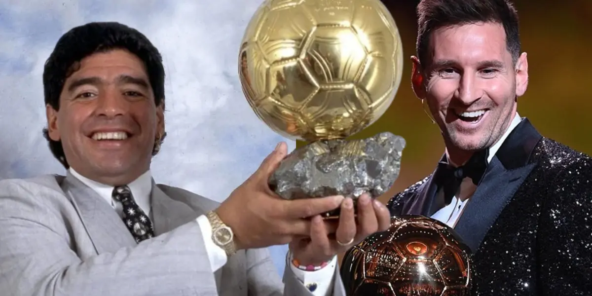Diego Maradona y Lionel Messi posando con sus Balones de Oro.