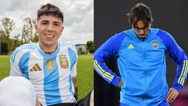 Enzo Fernández con la camiseta de Argentina y Diego Martínez con el buzo de Boca.