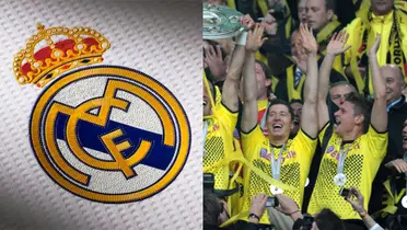 Escudo de Real Madrid y Borussia Dortmund levanta un trofe de Bundesliga.