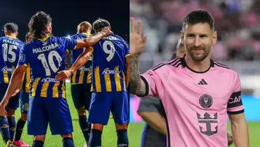 Jugadores de Central se saludan, y a su lado Lionel Messi levanta una mano.