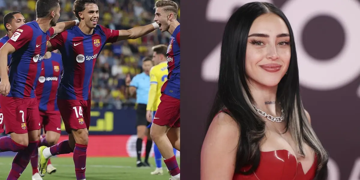 Jugadores del Barcelona festejando un gol y Nicki Nicole