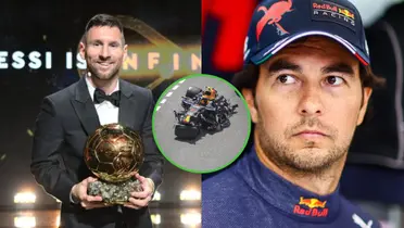 Lionel Messi con el Balón de Oro 2023. A su lado Checo Pérez con la ropa de Red Bull.