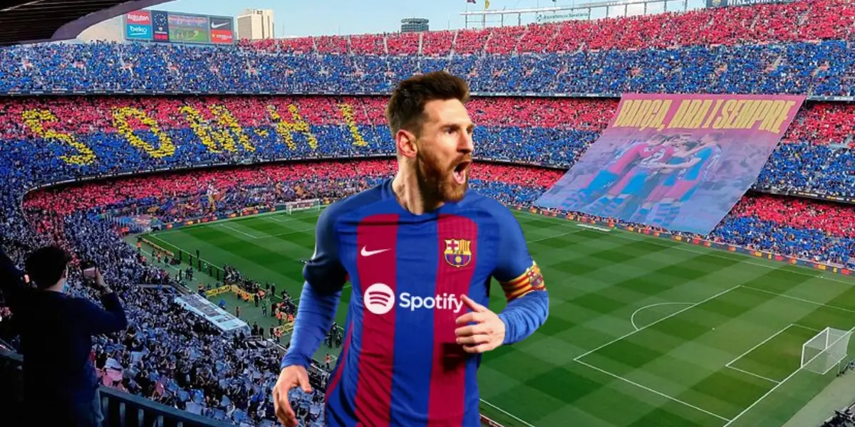 Lionel Messi con la camiseta del Barcelona y el Camp Nou de fondo.