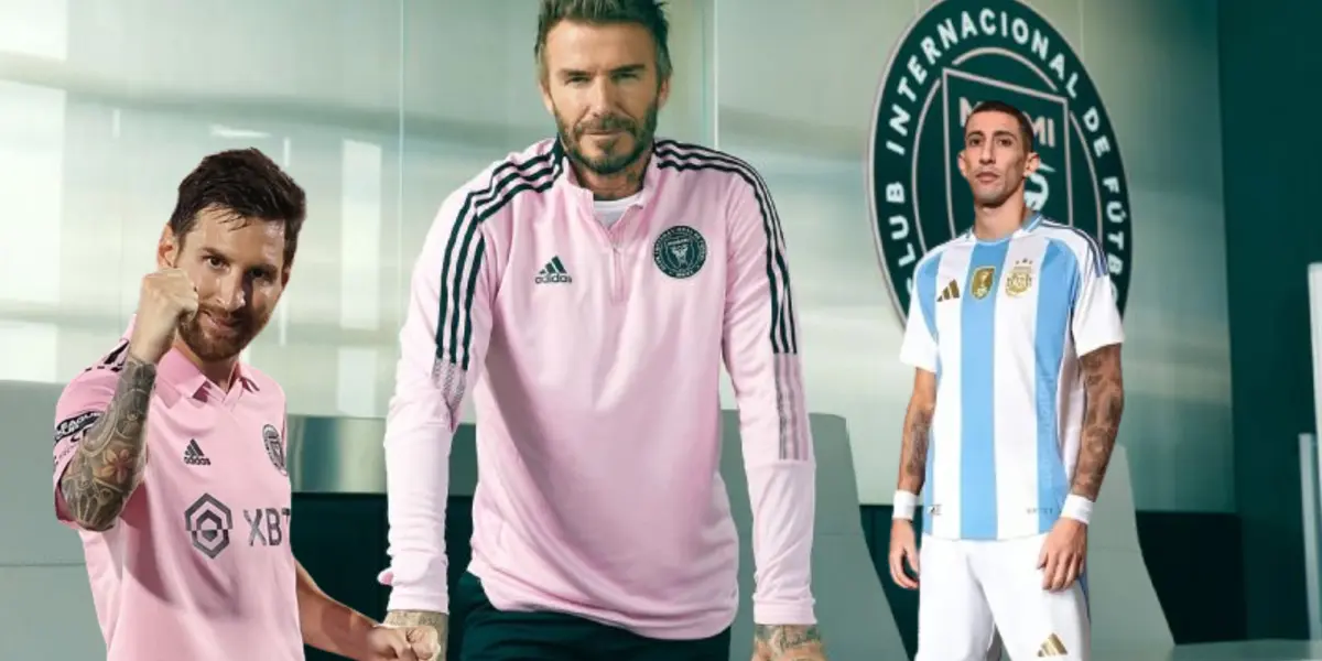 Lionel Messi, David Beckham y Ángel Di María rodeado por insignias del Inter Miami.