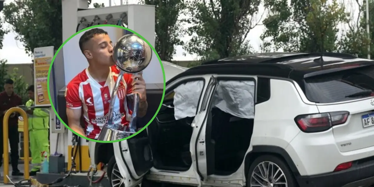 Tiago Palacios besando la Copa de la Liga, y detrás suyo el auto que manejaba horas después.