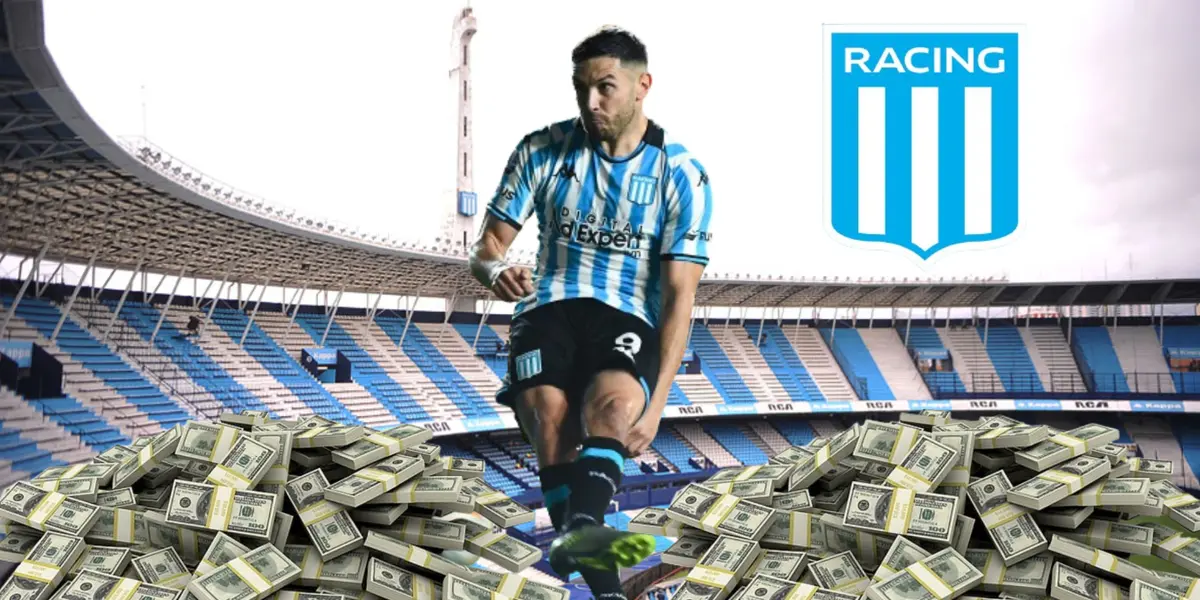 Adrián Martínez pateando un penal con la camiseta de Racing.