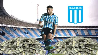 Adrián Martínez pateando un penal con la camiseta de Racing.