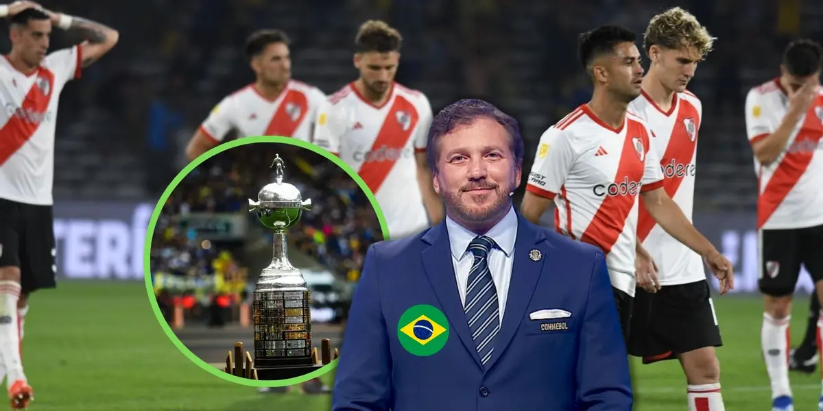 Alejandro Domínguez junto al equipo de River, el escudo de Brasil y la Copa Libertadores.