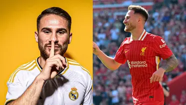 Alexis Mac Allsiter con las camisetas de Real Madrid (editada) y Liverpool.