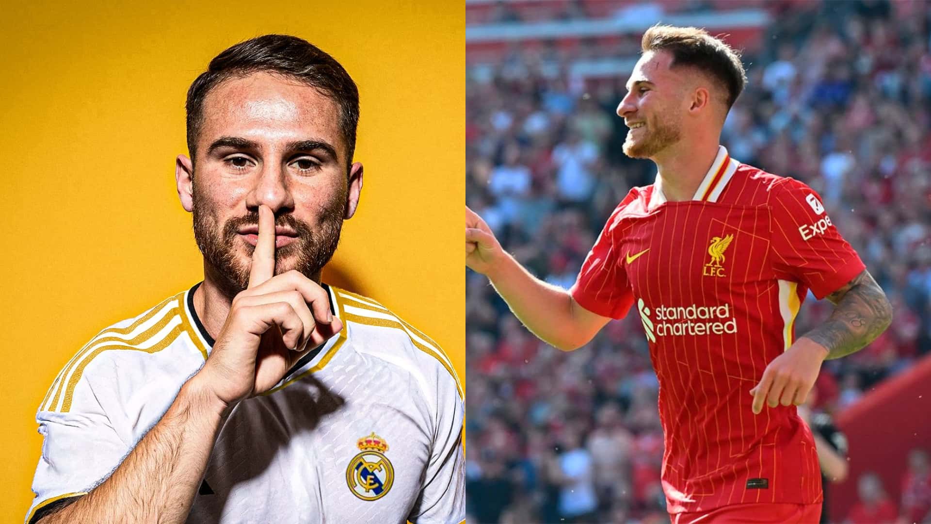 Alexis Mac Allsiter con las camisetas de Real Madrid (editada) y Liverpool.
