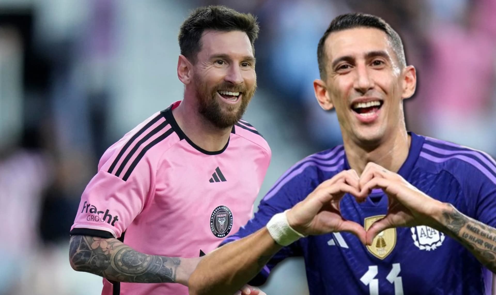 Ángel Di María con la camiseta de Argentina y Lionel Messi de fondo.