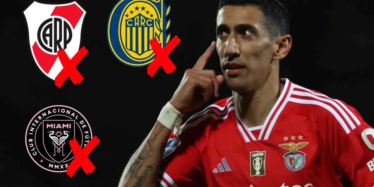 Ángel Di María con la camiseta de Benfica y los escudos de River, Inter Miami y Rosario Central.