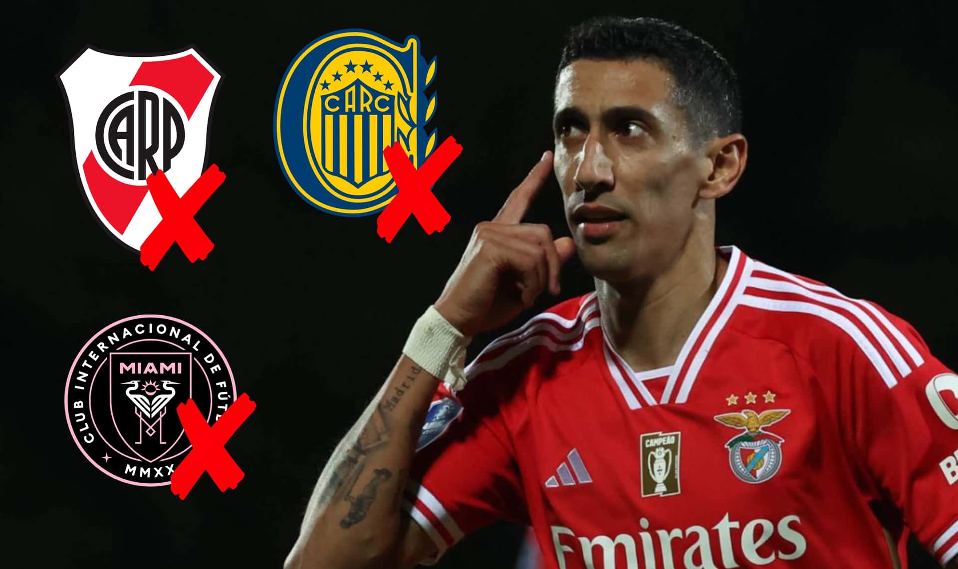 Ángel Di María con la camiseta de Benfica y los escudos de River, Inter Miami y Rosario Central.