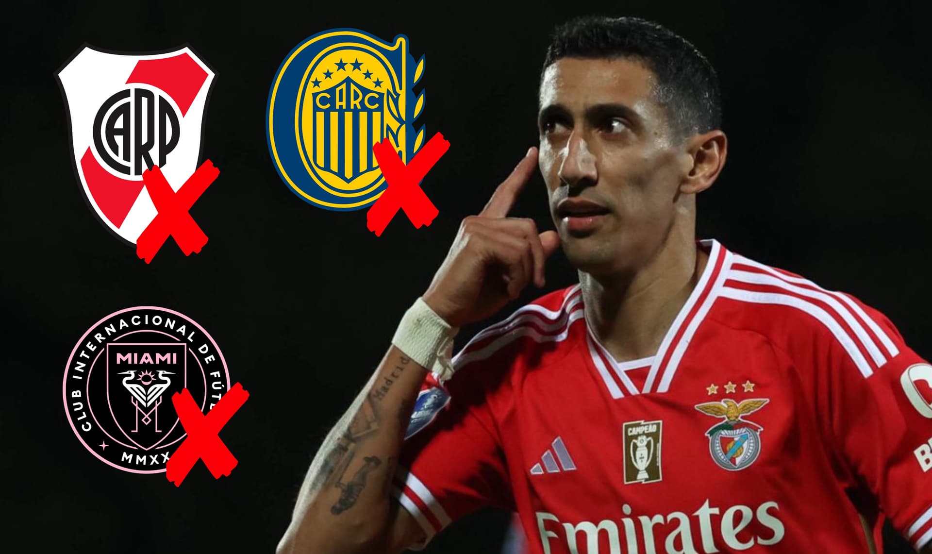 Ángel Di María con la camiseta de Benfica y los escudos de River, Inter Miami y Rosario Central.