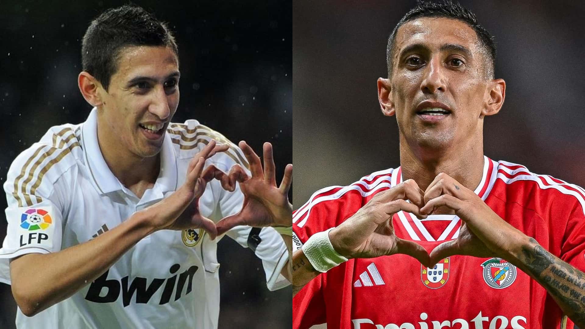 Ángel Di María con las camisetas del Real Madrid (2011) y Benfica(2024).