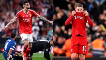 Ángel Di María festeja un gol con Benfica y Alexis Mac Allister se lamenta en Liverpool