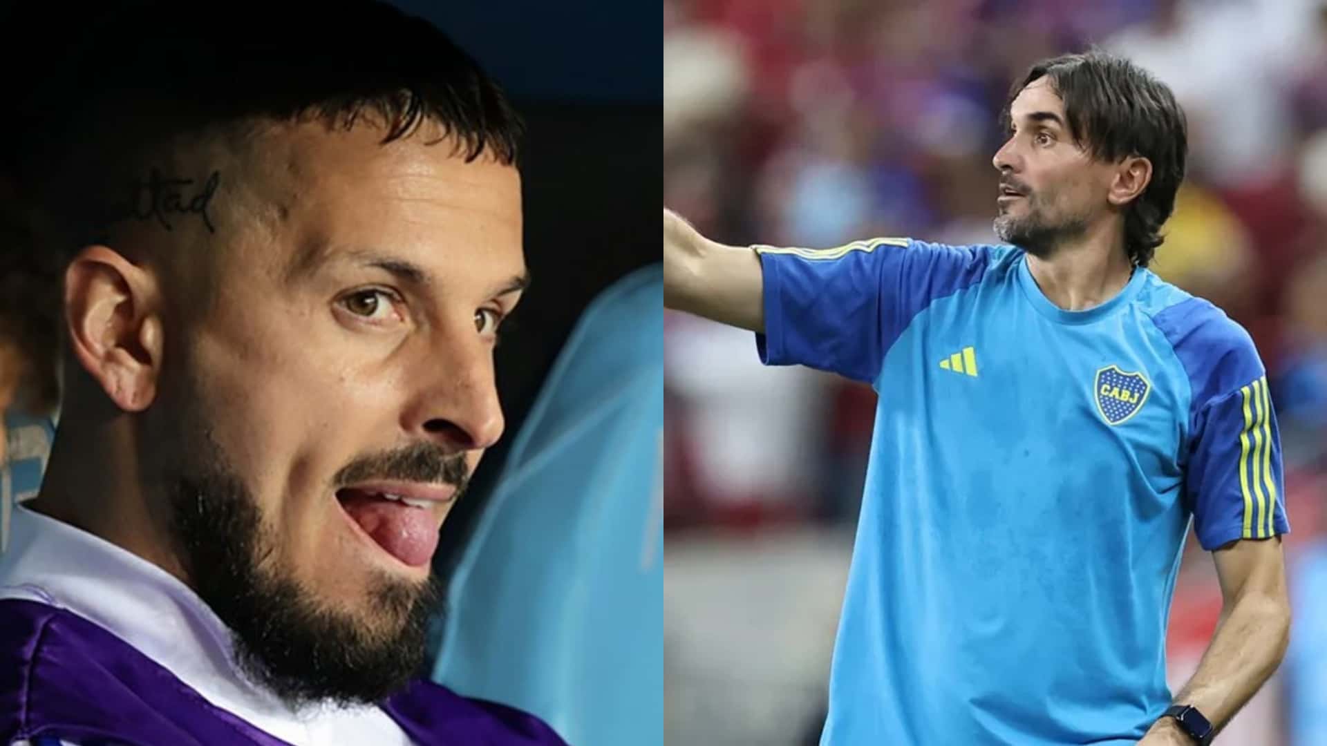 Benedetto sentado en el banco de suplentes de Bocay Diego Martínez dando indicaciones.