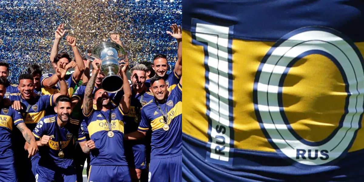 Boca celebra un campeonato levantando un trofeo.