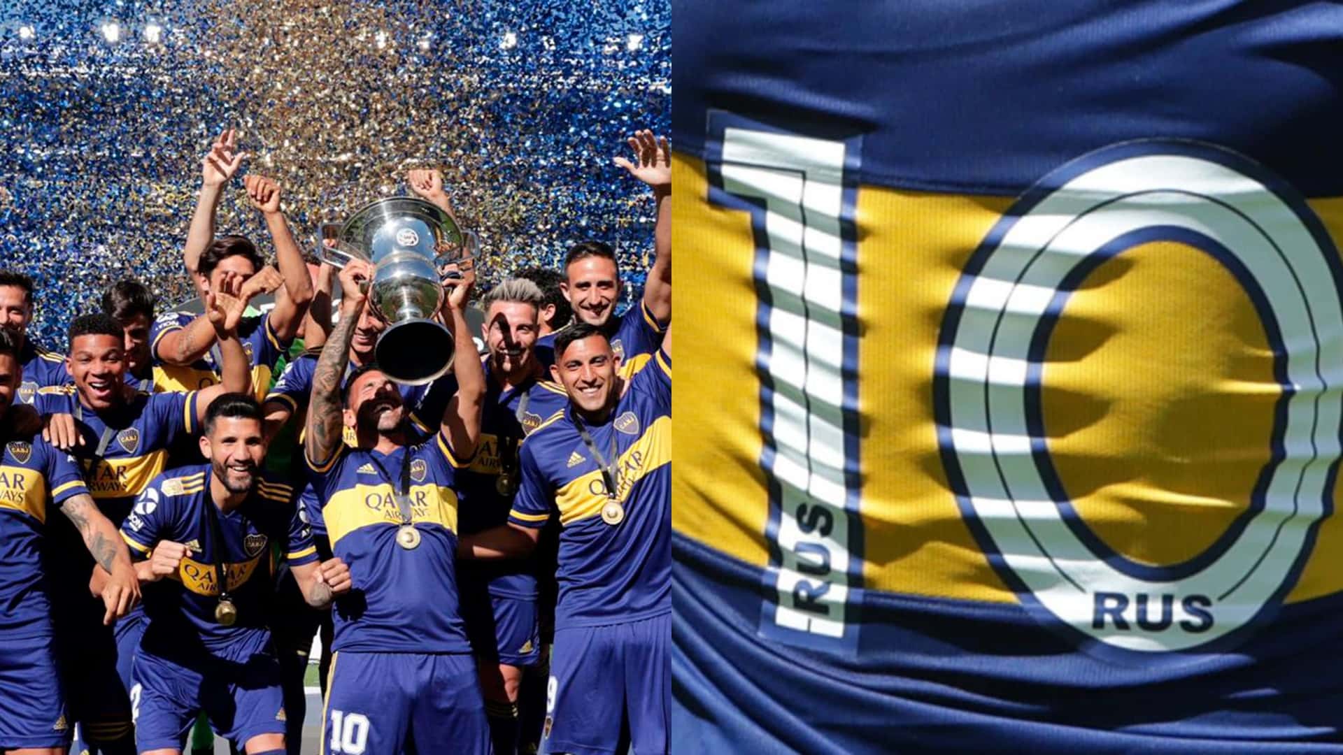 Boca celebra un campeonato levantando un trofeo.