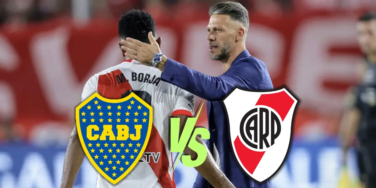 Borja y Demichelis con los escudos de Boca y River.