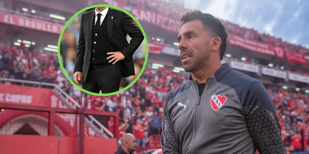 Carlos Tevez junto a un posible DT en la cancha de Independiente.