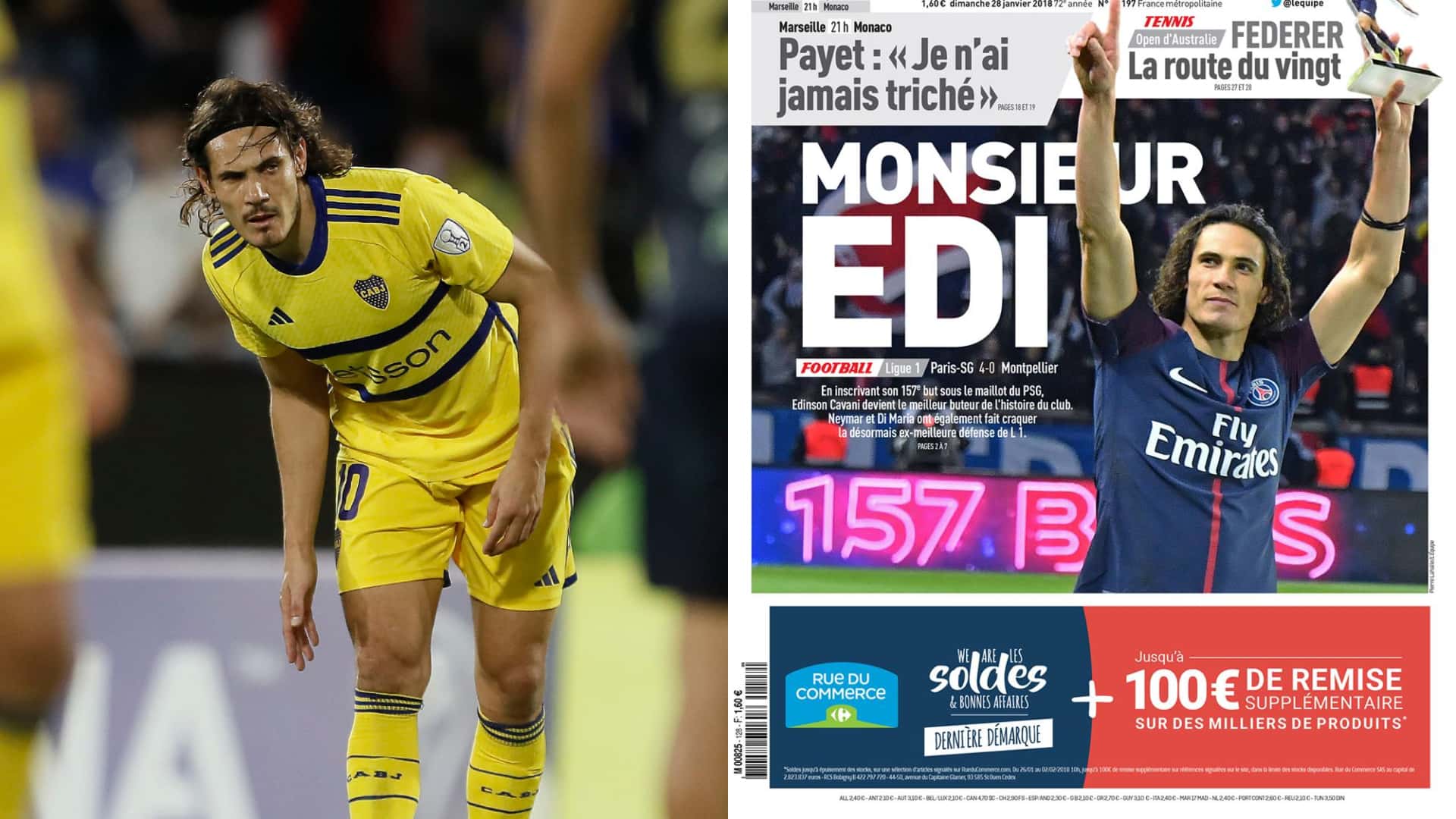 Cavani mirando la barrera antes de ejecutar el tiro libre con Boca.