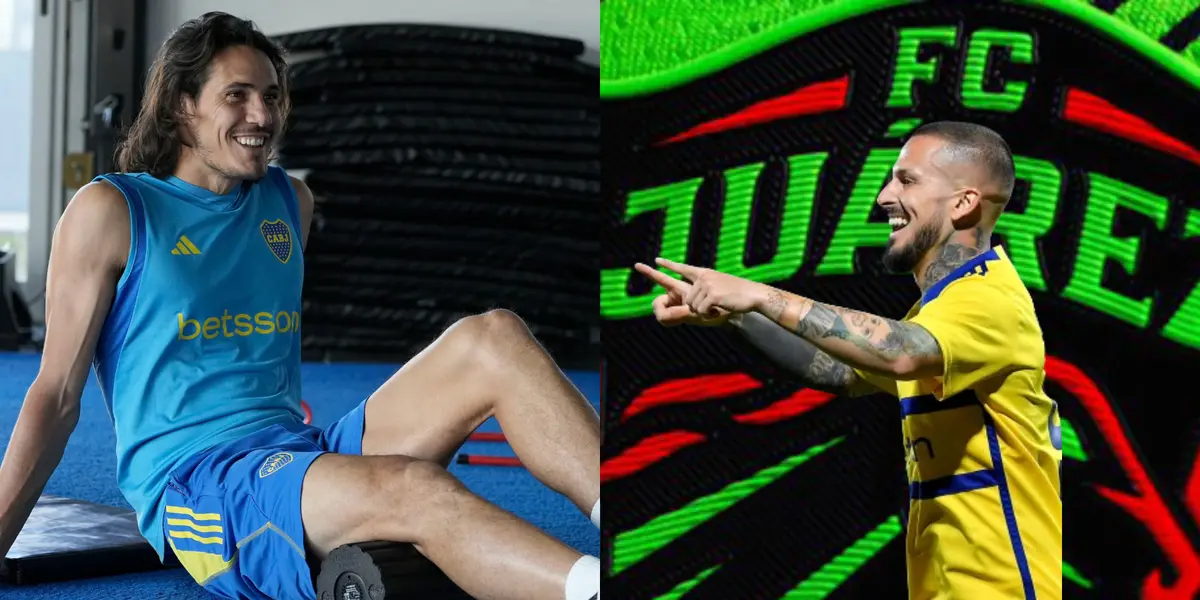 Cavani sonríe mientras entrena en Boca Juniors, y a su lado Benedetto festeja un gol.