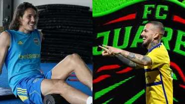 Cavani sonríe mientras entrena en Boca Juniors, y a su lado Benedetto festeja un gol.