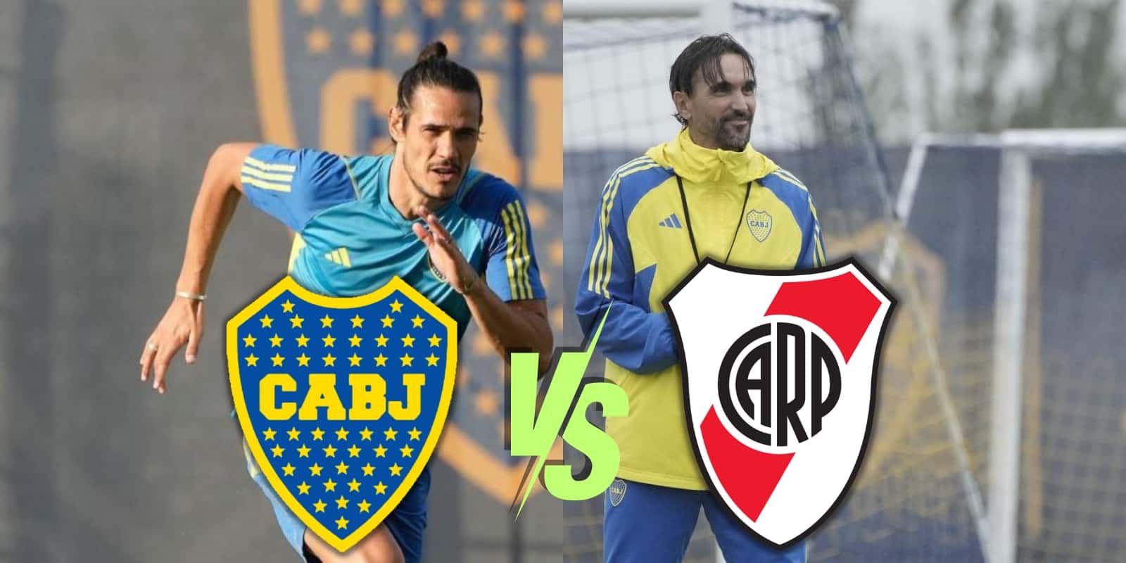Cavani y Diego Martínez con los escudos de Boca y River.