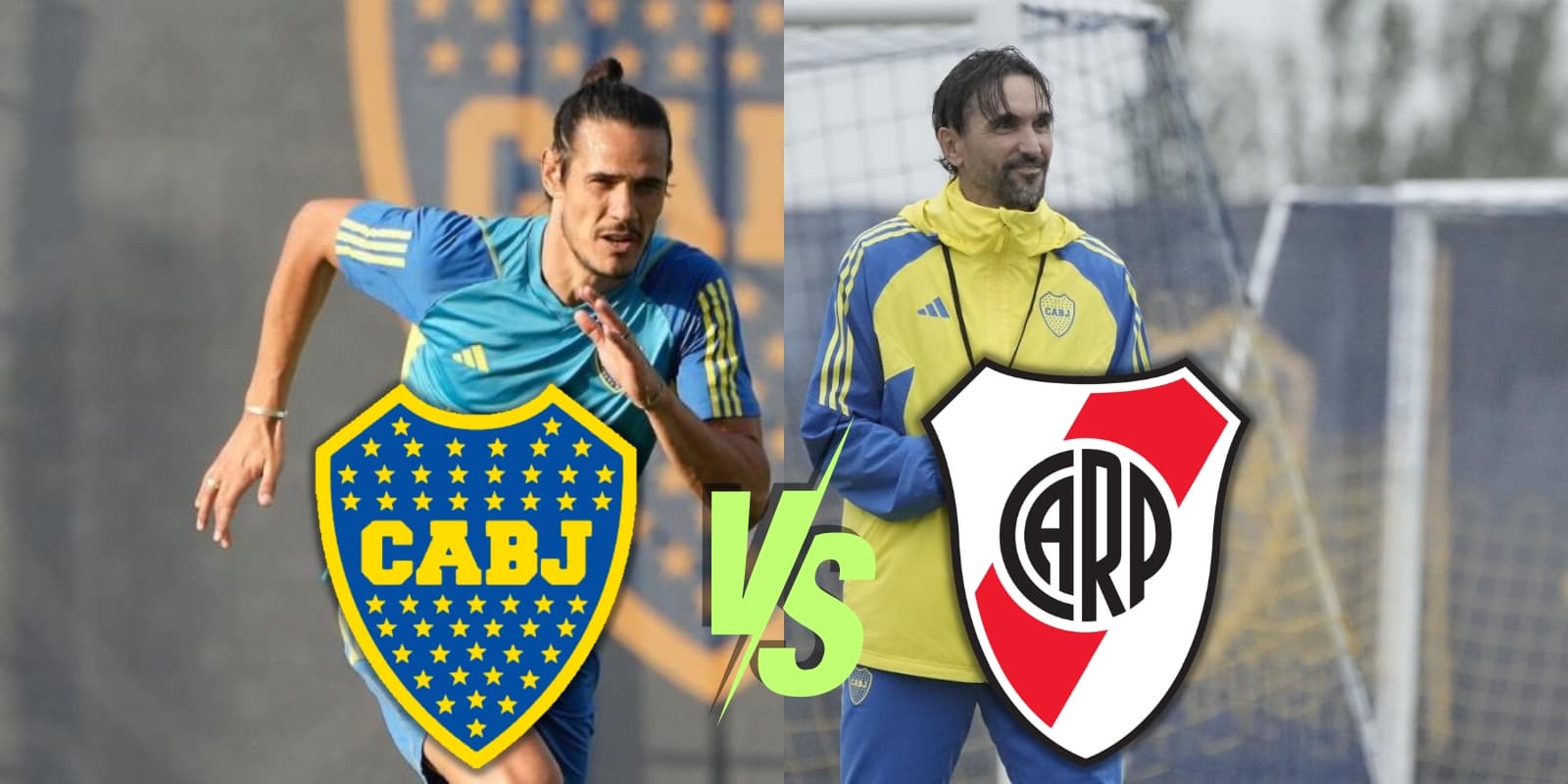 Cavani y Diego Martínez con los escudos de Boca y River.