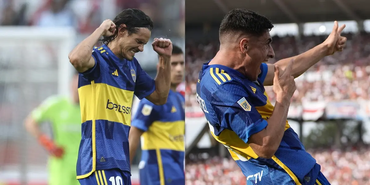 Cavani y Merentiel festejando los goles de Boca.