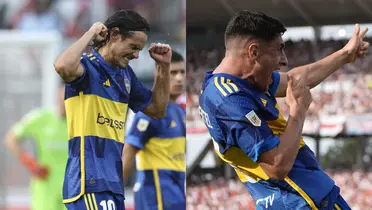 Cavani y Merentiel festejando los goles de Boca.